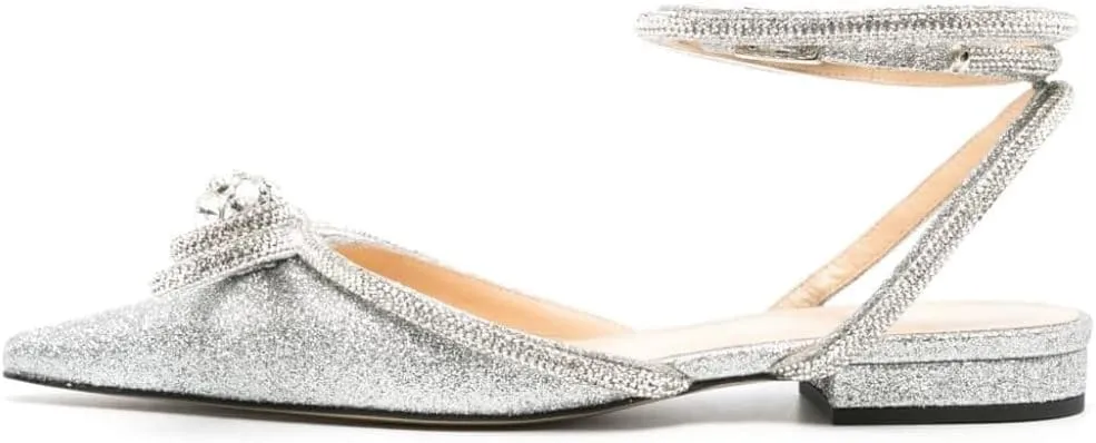 Arqa Double Bow Crystal Embellished Flats Women's Rhinestone Ankle Straps Ballet Flat Pointed Toe Bows Ballerina Shoes