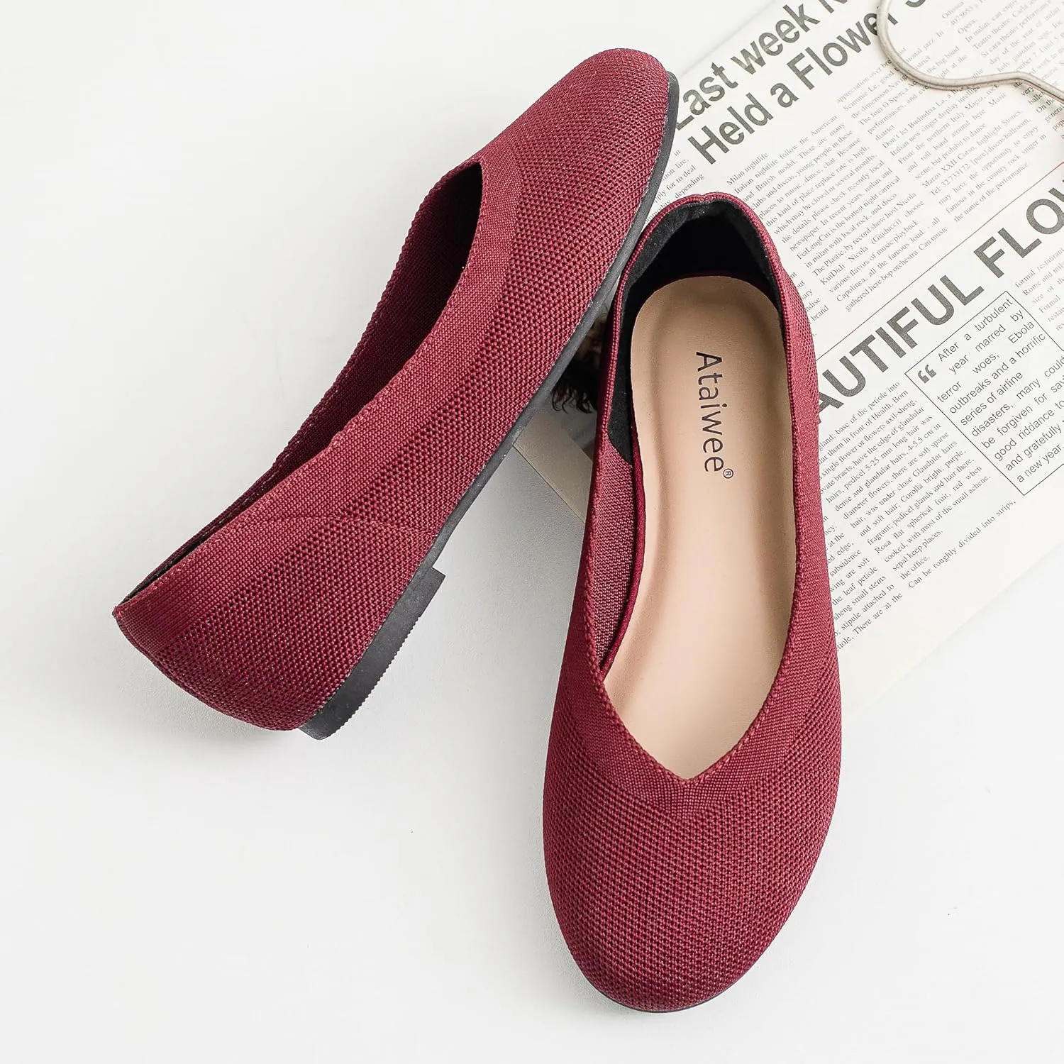 Ataiwee Women's Wide Width Flat Shoes - Fashion Dressy Knitted Soft Breathable Comfort Slip-On Ballet Flats.