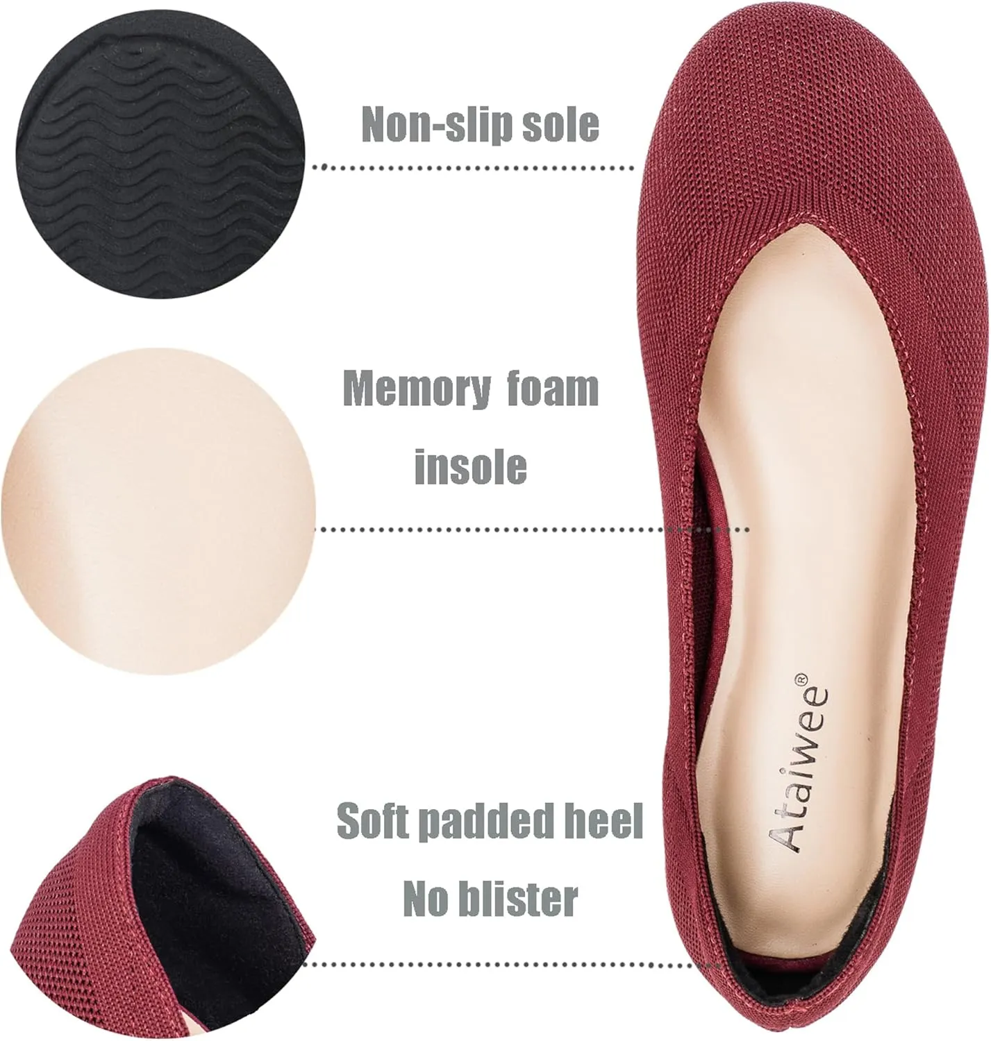 Ataiwee Women's Wide Width Flat Shoes - Fashion Dressy Knitted Soft Breathable Comfort Slip-On Ballet Flats.