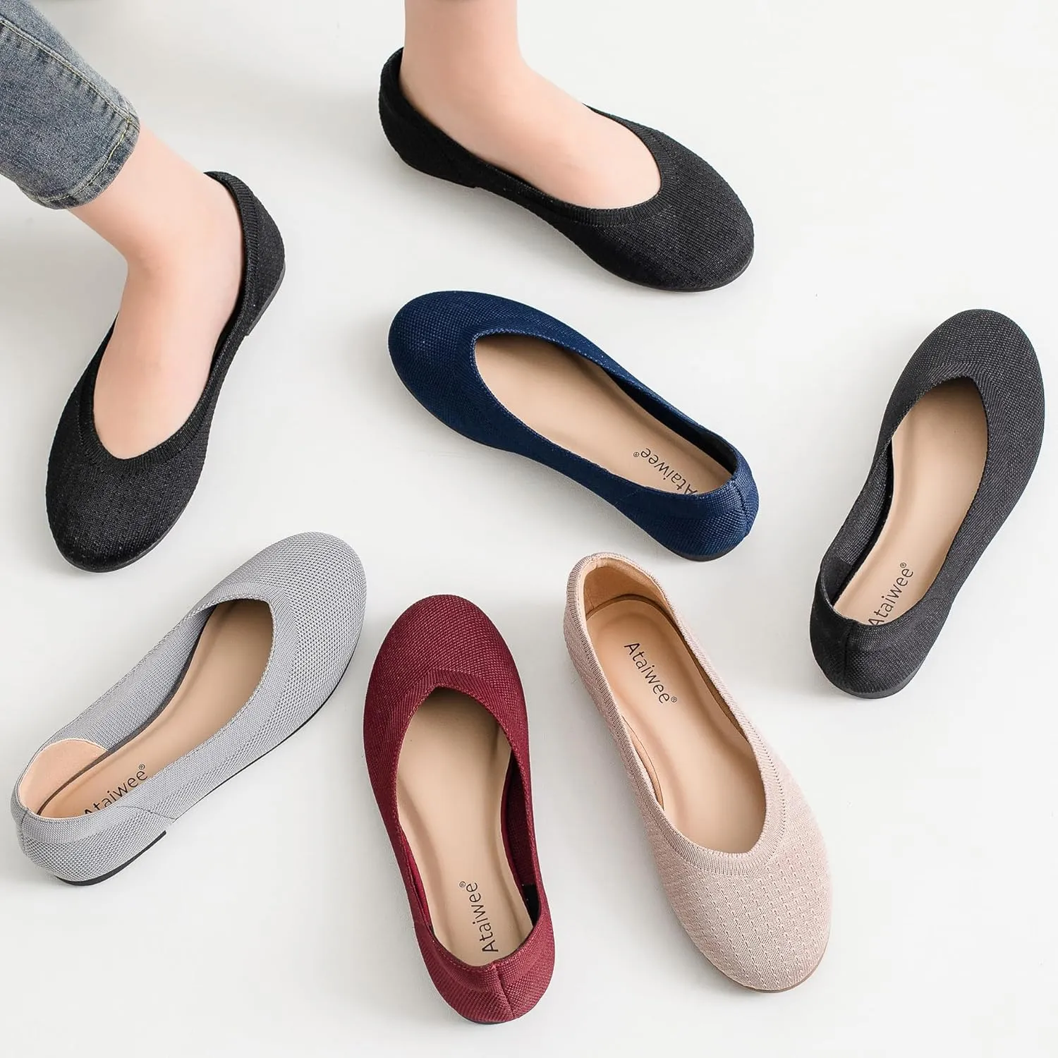 Ataiwee Women's Wide Width Flat Shoes - Fashionable Soft Knit Breathable Slip-on Ballet Flats.