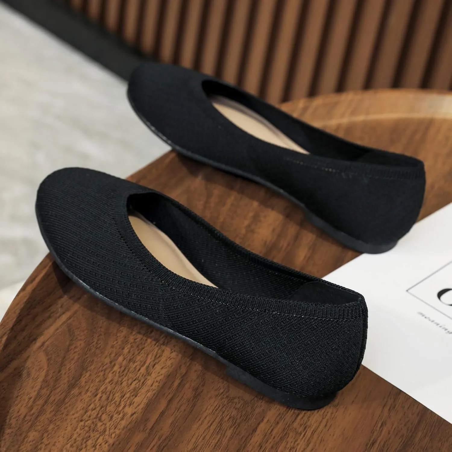 Ataiwee Women's Wide Width Flat Shoes - Fashionable Soft Knit Breathable Slip-on Ballet Flats.