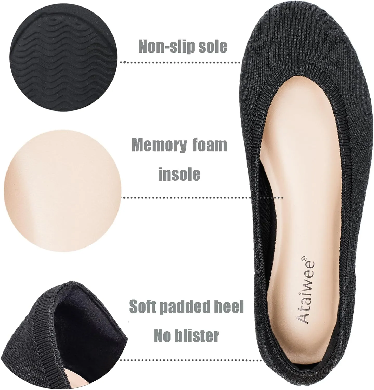 Ataiwee Women's Wide Width Flat Shoes - Fashionable Soft Knit Breathable Slip-on Ballet Flats.