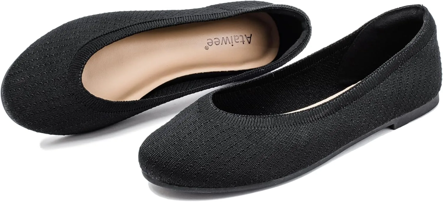 Ataiwee Women's Wide Width Flat Shoes - Fashionable Soft Knit Breathable Slip-on Ballet Flats.