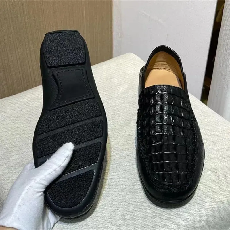 Authentic Real Crocodile Skin Classic Solid Black Men's Soft Moccasins Slippers Genuine Alligator Leather Male Slip-on Flats