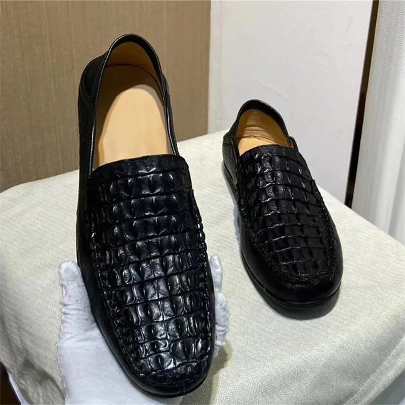 Authentic Real Crocodile Skin Classic Solid Black Men's Soft Moccasins Slippers Genuine Alligator Leather Male Slip-on Flats