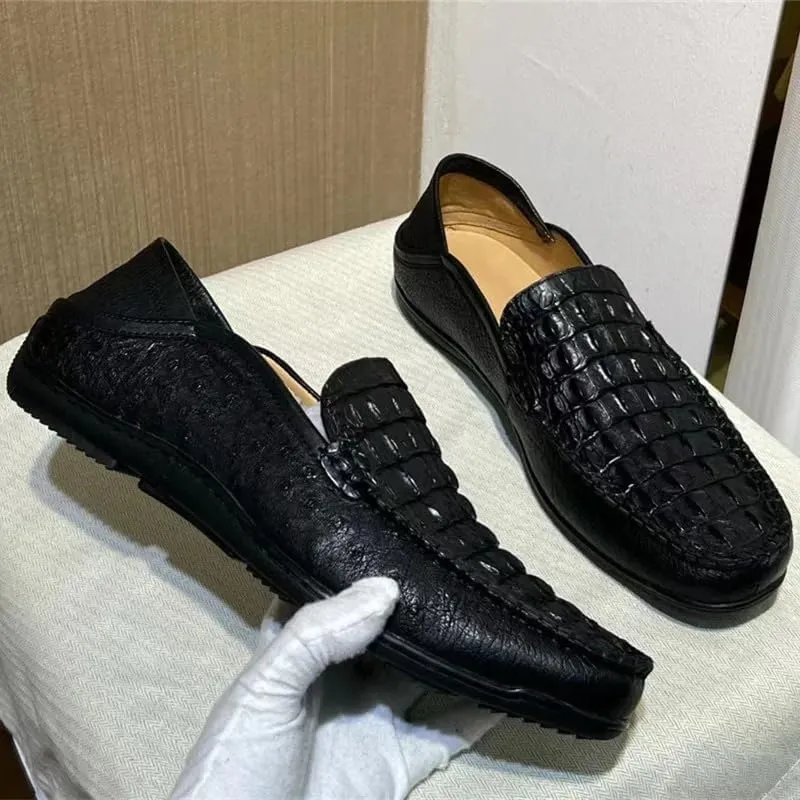 Authentic Real Crocodile Skin Classic Solid Black Men's Soft Moccasins Slippers Genuine Alligator Leather Male Slip-on Flats