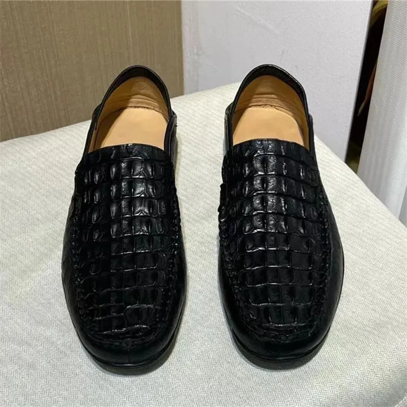 Authentic Real Crocodile Skin Classic Solid Black Men's Soft Moccasins Slippers Genuine Alligator Leather Male Slip-on Flats