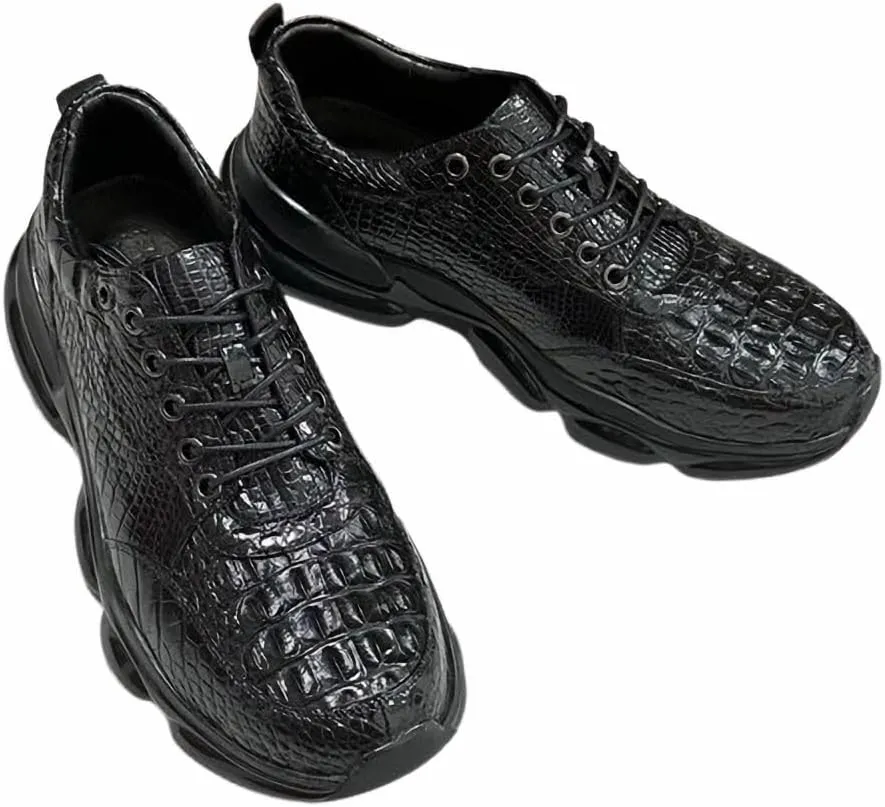 Authentic Real Crocodile Skin Men's Black Cushioned Sneakers Genuine Exotic Alligator Leather Male Soft Lace-up Walking Shoes