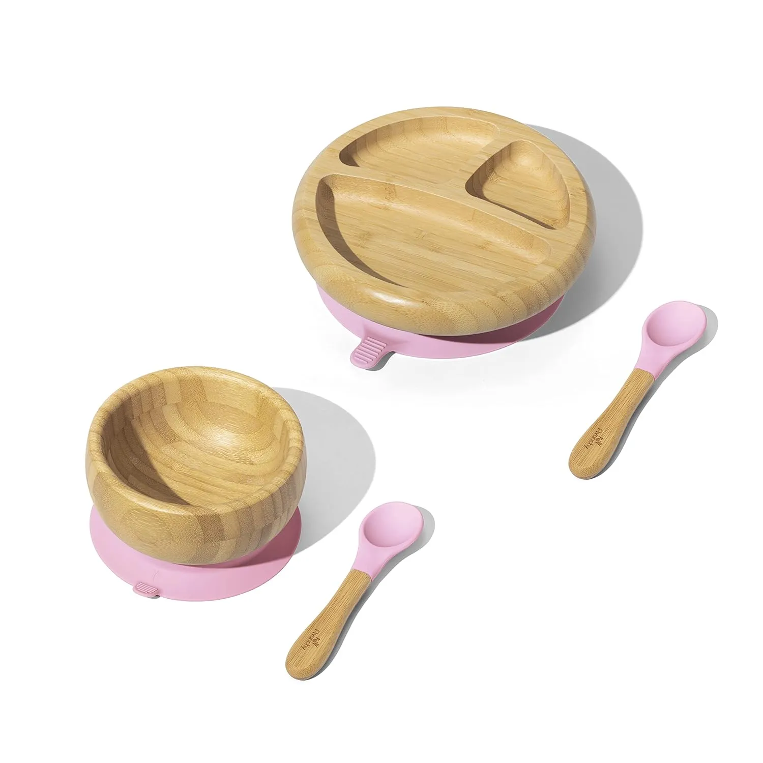 Avanchy Bamboo Baby Plate, Bowl & Spoons Set - Baby Cutlery - Bamboo Kids Bowl - BPA Free Bowl - Bamboo Kids Utensils - Bamboo Kids Bowl (Pink Essentials)