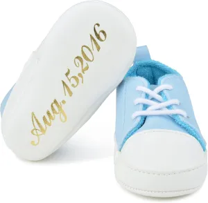 BabyShoe Personalized Baby Boy Sporty Blue Sneaker Hand Embossed Name & Date – Special Occasion Newborn Church Shoes - Great Idea Gender Reveal