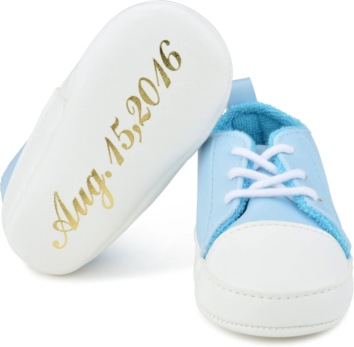 BabyShoe Personalized Baby Boy Sporty Blue Sneaker Hand Embossed Name & Date – Special Occasion Newborn Church Shoes - Great Idea Gender Reveal