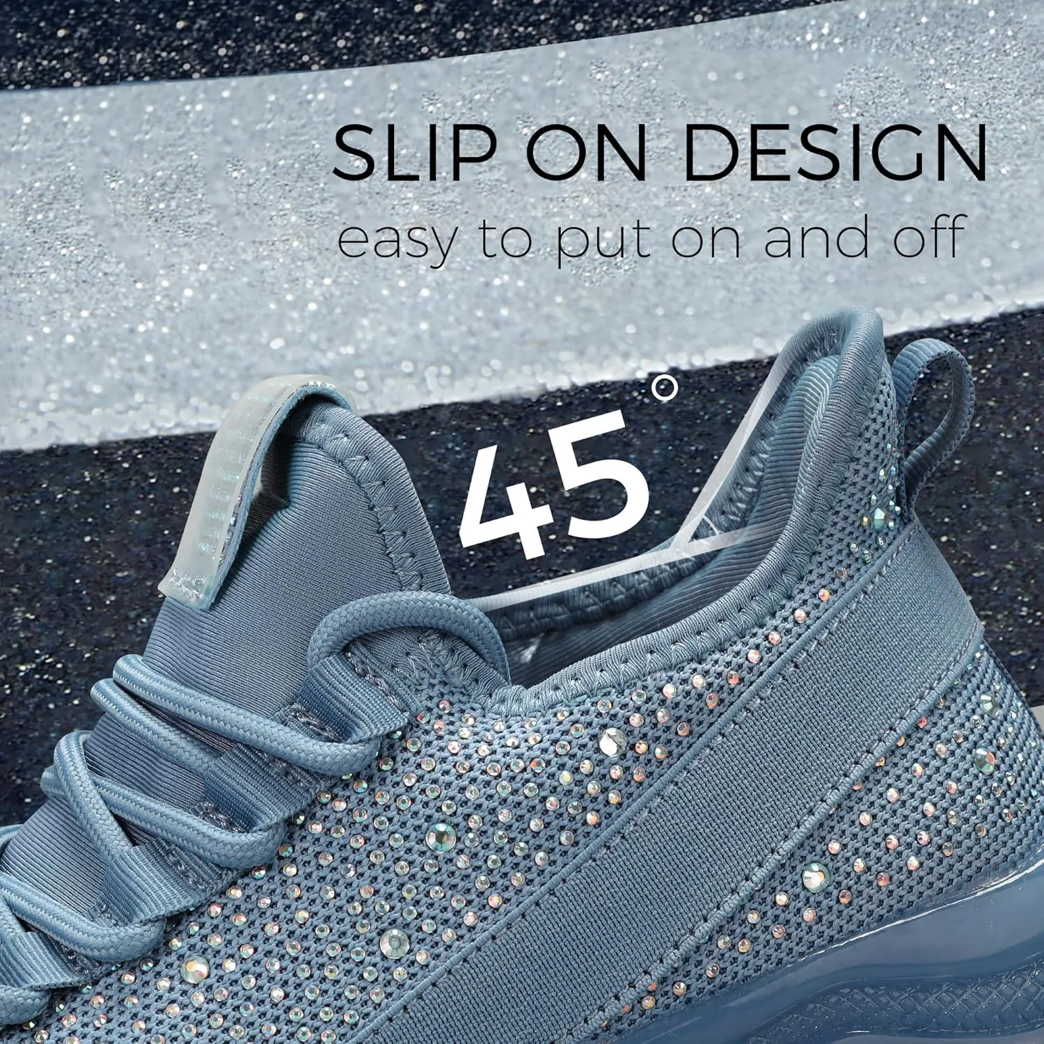 BELOS Women's Rhinestone Mesh Slip On Walking Shoes Fashion Breathable Spakle Glitter Sneaker