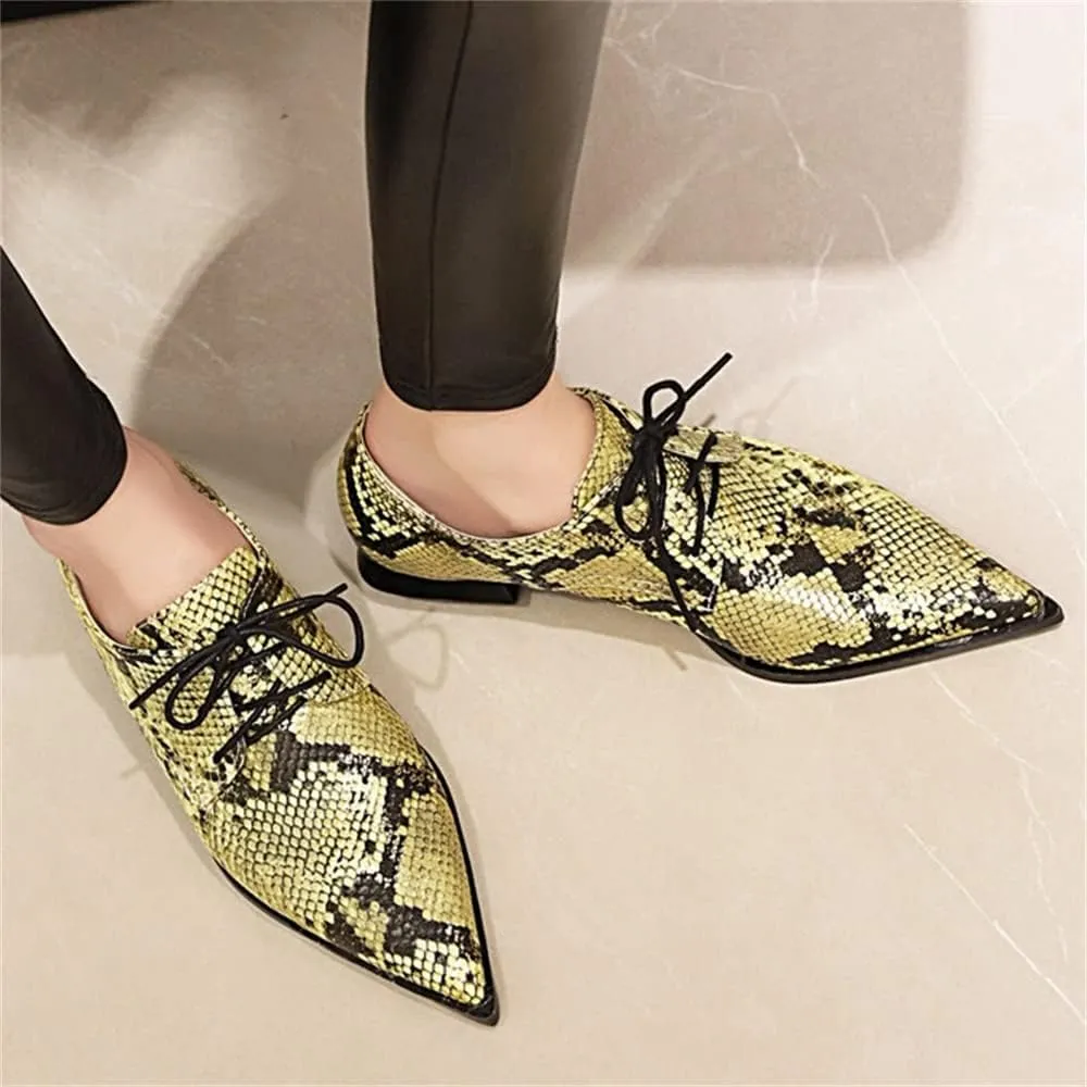 Betastella Women's Snake Skin Pointed Toe Oxfords Flats Low Chunky Heel Lace Up Pumps
