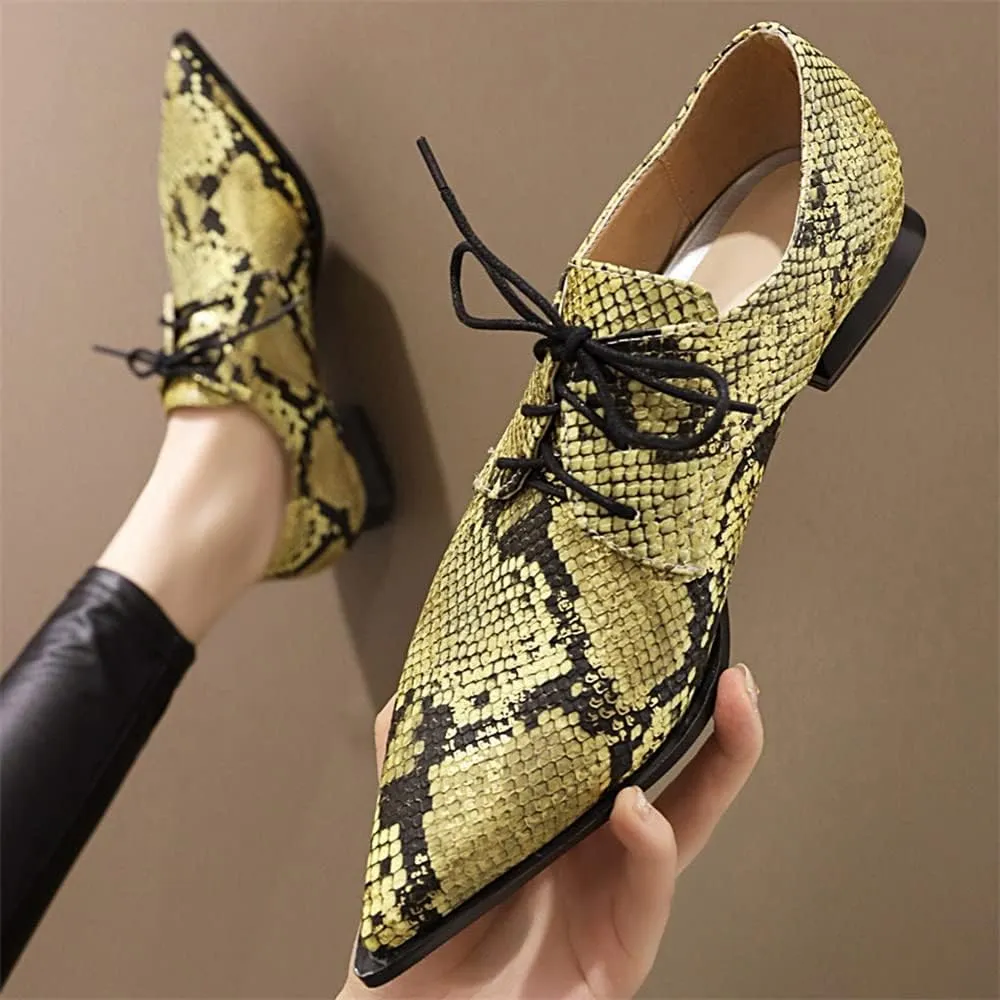Betastella Women's Snake Skin Pointed Toe Oxfords Flats Low Chunky Heel Lace Up Pumps
