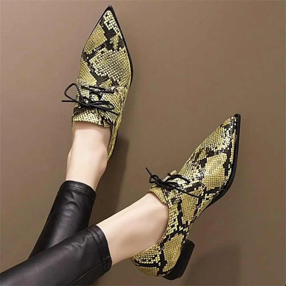 Betastella Women's Snake Skin Pointed Toe Oxfords Flats Low Chunky Heel Lace Up Pumps