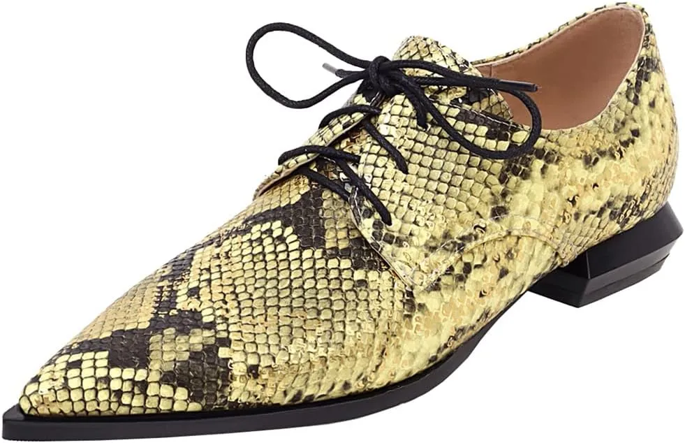 Betastella Women's Snake Skin Pointed Toe Oxfords Flats Low Chunky Heel Lace Up Pumps