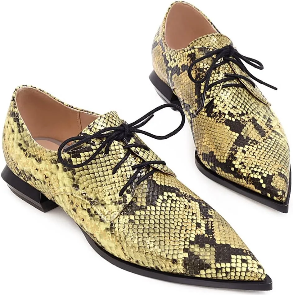 Betastella Women's Snake Skin Pointed Toe Oxfords Flats Low Chunky Heel Lace Up Pumps