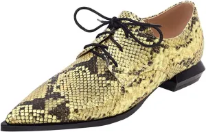 Betastella Women's Snake Skin Pointed Toe Oxfords Flats Low Chunky Heel Lace Up Pumps