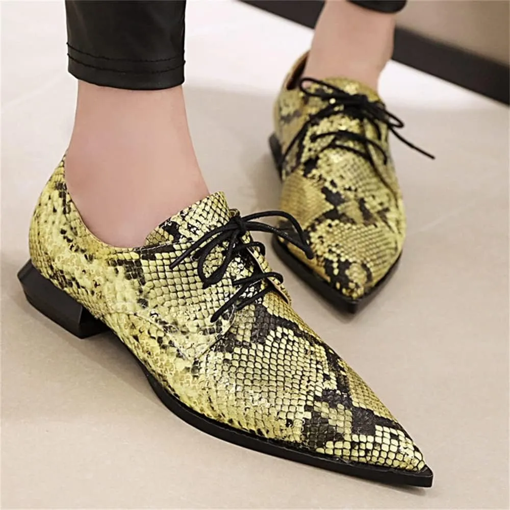 Betastella Women's Snake Skin Pointed Toe Oxfords Flats Low Chunky Heel Lace Up Pumps