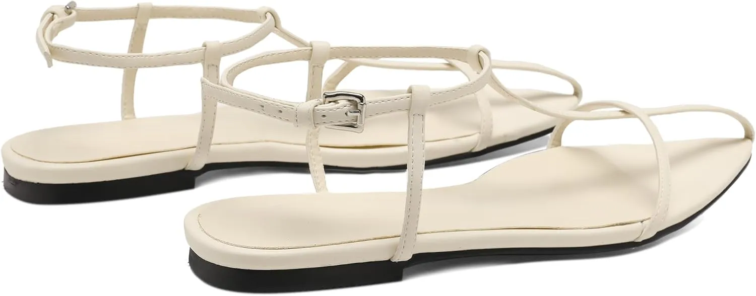Black Flat Sandals for Women Adjustable Metallic Buckle Ankle Strap Slide Sandals Comfortable Pointed Open Toe Slip on Sandal