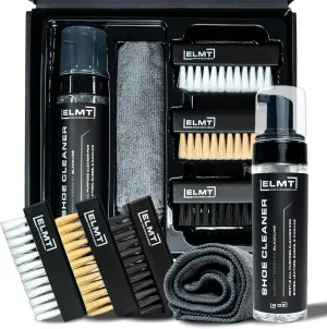 Blackline ELMT Shoe Cleaner Kit — Ideal Sneaker, Canvas, Mesh, Nubuck, Sheepskin, Leather, Suede Shoe Cleaner — US-Made, Safe, 10X Potent Shoe Cleaning Kit (8 oz Solution, 2 Brushes, Microfiber Towel)