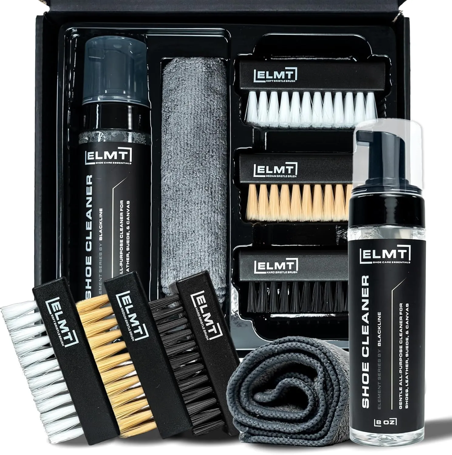 Blackline ELMT Shoe Cleaner Kit — Ideal Sneaker, Canvas, Mesh, Nubuck, Sheepskin, Leather, Suede Shoe Cleaner — US-Made, Safe, 10X Potent Shoe Cleaning Kit (8 oz Solution, 2 Brushes, Microfiber Towel)