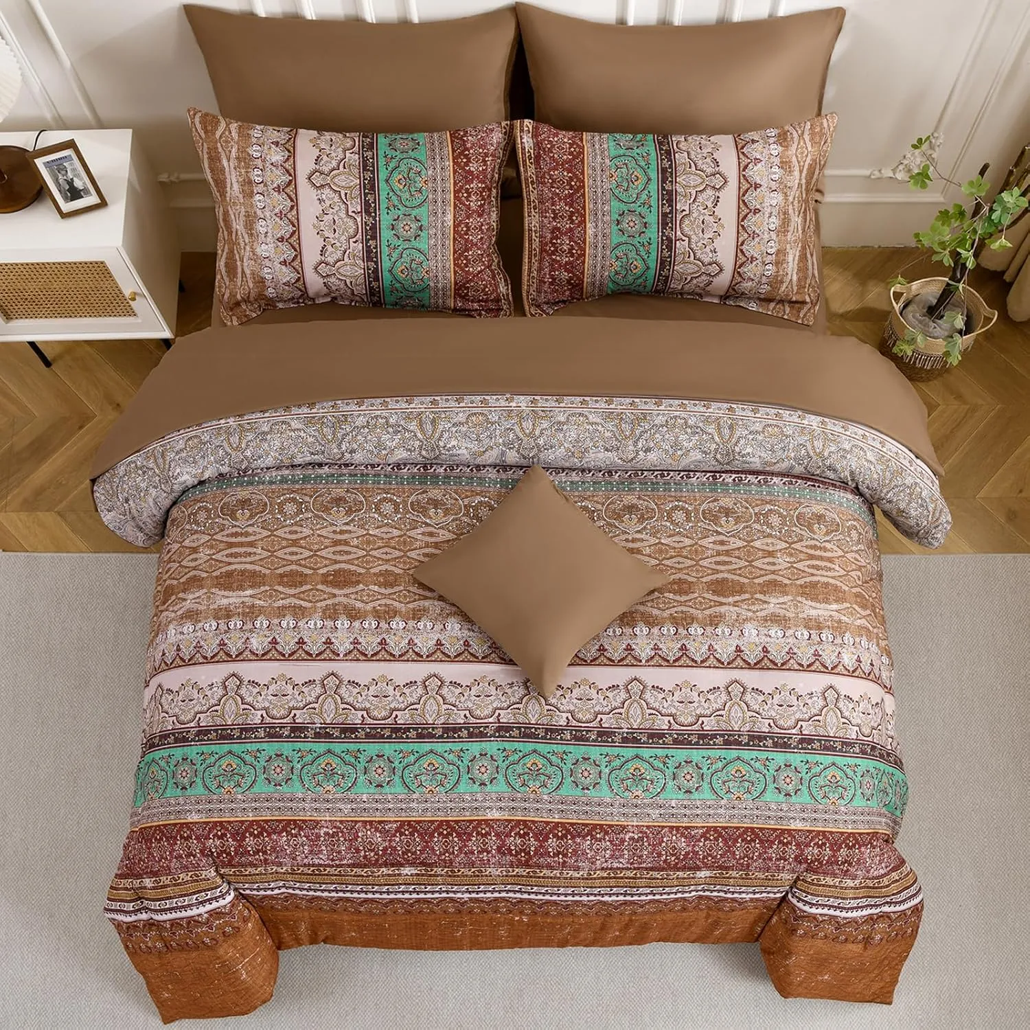 Boho Queen Comforter Set 8 Pieces, Brown Bohemian Striped Bed in a Bag, Paisley Soft Microfiber Bedding Comforter Set