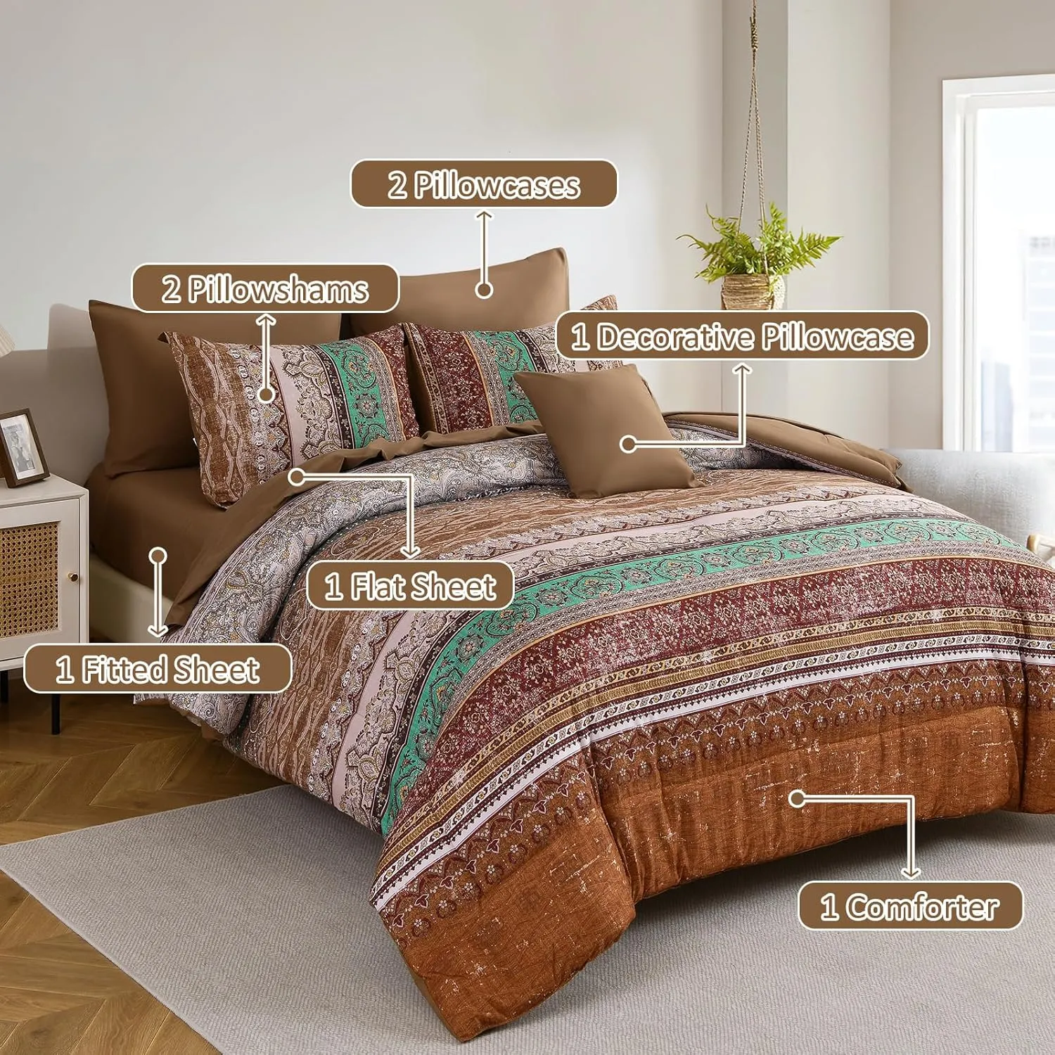 Boho Queen Comforter Set 8 Pieces, Brown Bohemian Striped Bed in a Bag, Paisley Soft Microfiber Bedding Comforter Set