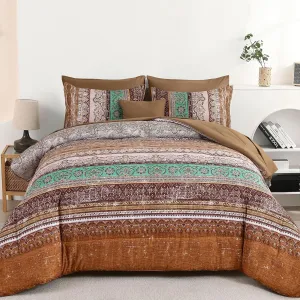 Boho Queen Comforter Set 8 Pieces, Brown Bohemian Striped Bed in a Bag, Paisley Soft Microfiber Bedding Comforter Set