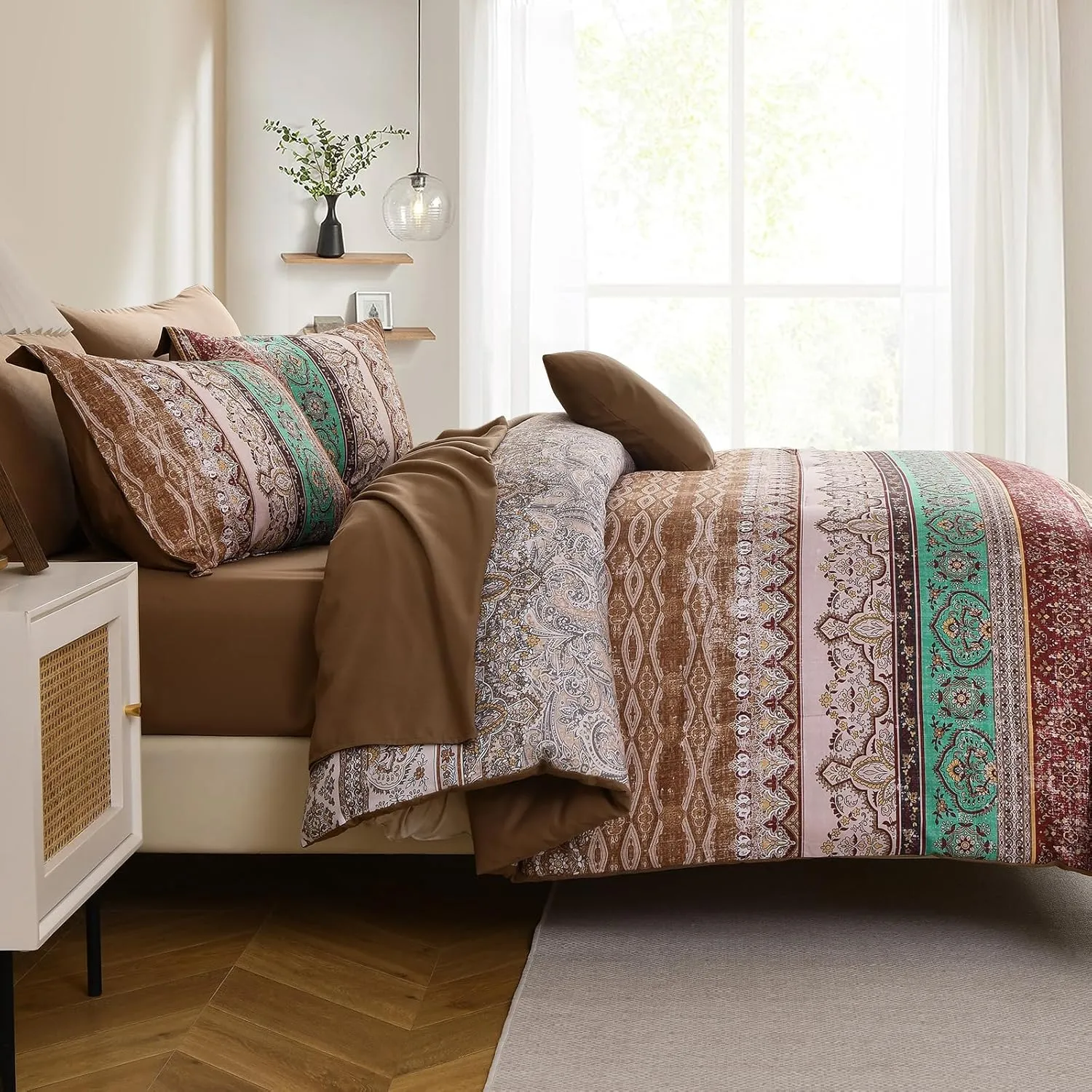 Boho Queen Comforter Set 8 Pieces, Brown Bohemian Striped Bed in a Bag, Paisley Soft Microfiber Bedding Comforter Set
