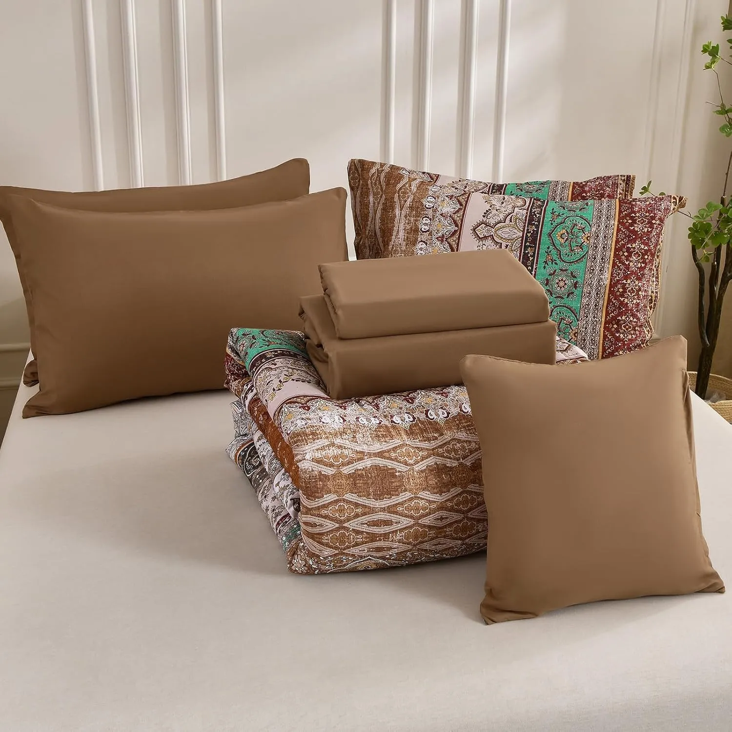 Boho Queen Comforter Set 8 Pieces, Brown Bohemian Striped Bed in a Bag, Paisley Soft Microfiber Bedding Comforter Set