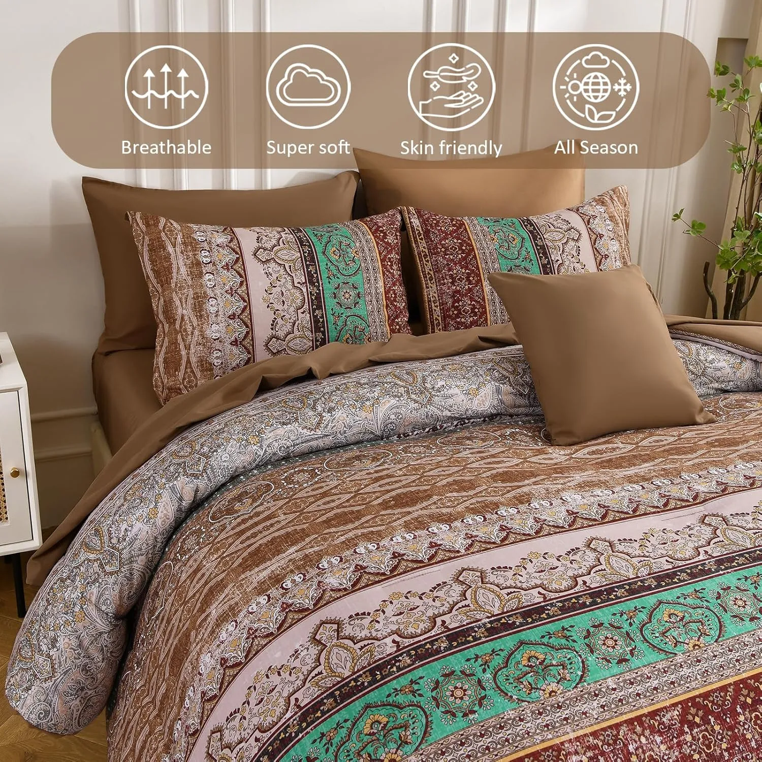 Boho Queen Comforter Set 8 Pieces, Brown Bohemian Striped Bed in a Bag, Paisley Soft Microfiber Bedding Comforter Set