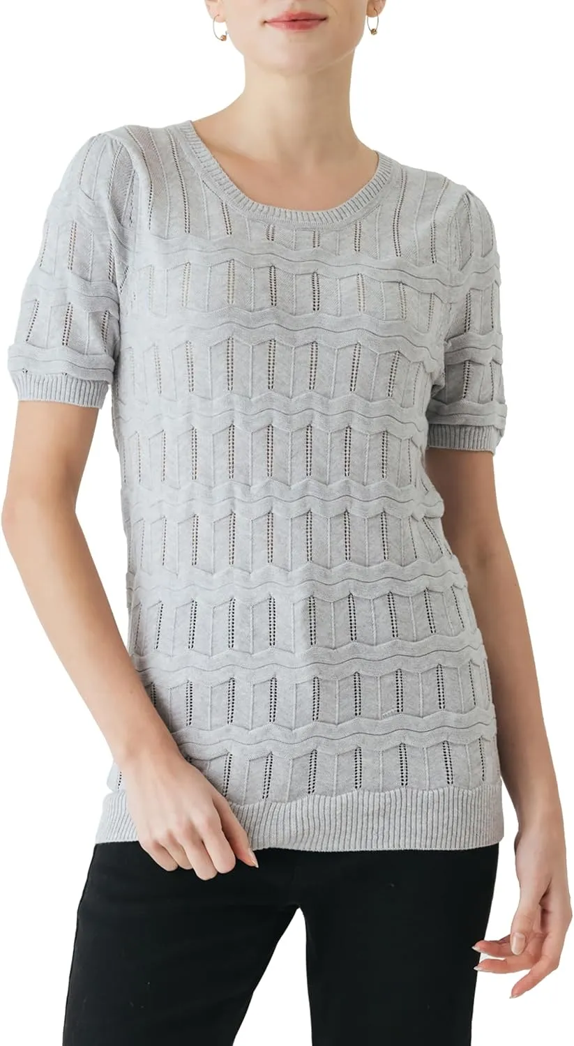 Cable Stitch Women's Ripple Stitch Short Sleeve Sweater - Crewneck Pointelle Knit Cotton Pullover Top