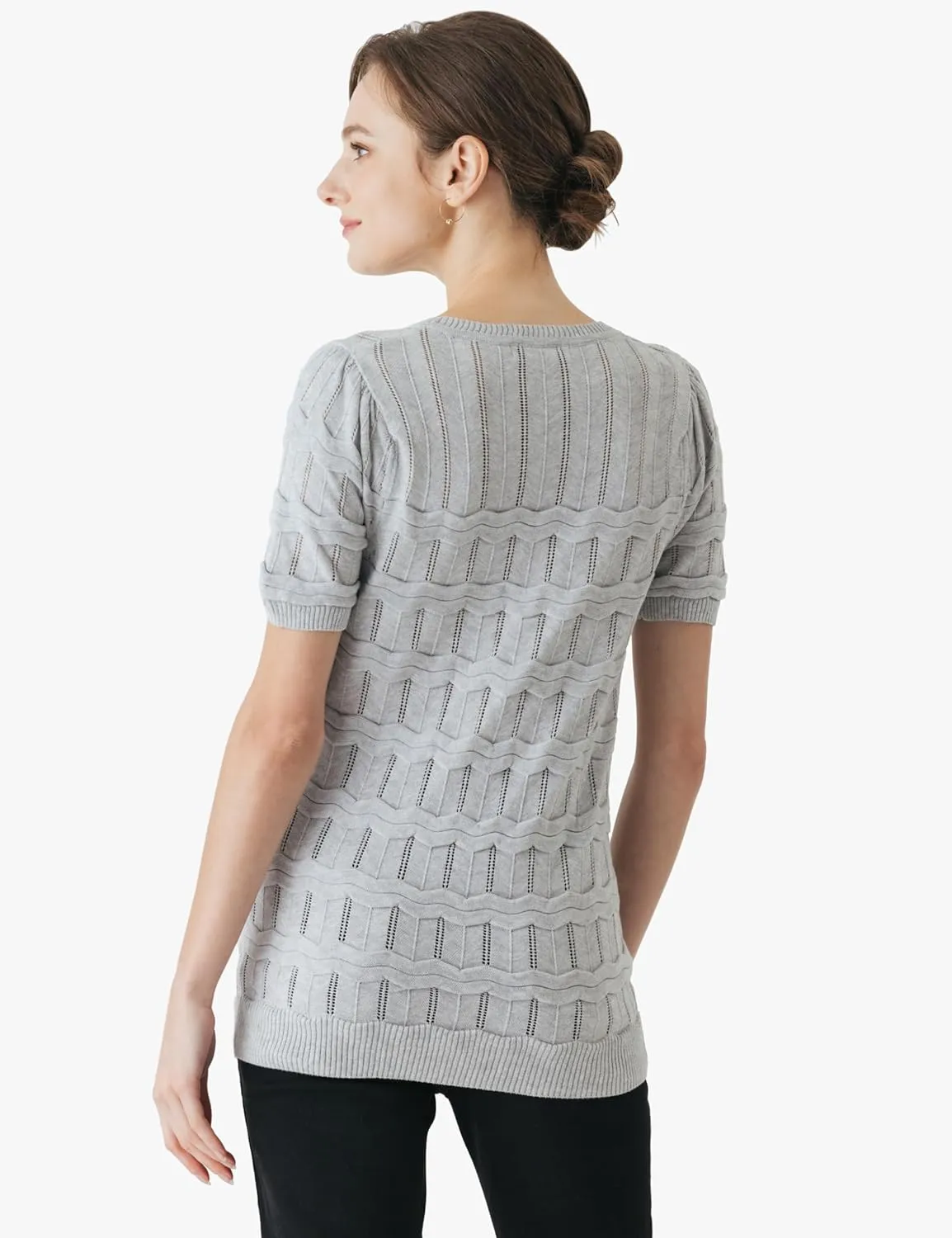 Cable Stitch Women's Ripple Stitch Short Sleeve Sweater - Crewneck Pointelle Knit Cotton Pullover Top