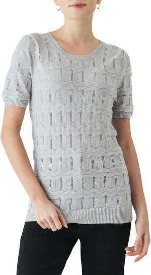 Cable Stitch Women's Ripple Stitch Short Sleeve Sweater - Crewneck Pointelle Knit Cotton Pullover Top