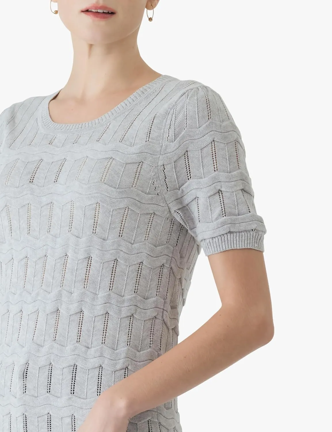 Cable Stitch Women's Ripple Stitch Short Sleeve Sweater - Crewneck Pointelle Knit Cotton Pullover Top