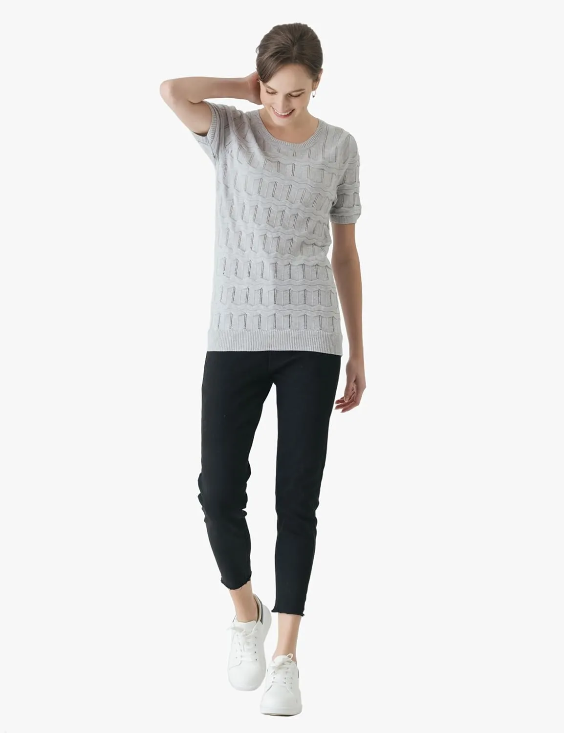Cable Stitch Women's Ripple Stitch Short Sleeve Sweater - Crewneck Pointelle Knit Cotton Pullover Top