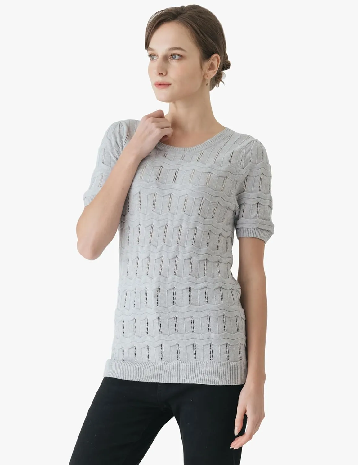Cable Stitch Women's Ripple Stitch Short Sleeve Sweater - Crewneck Pointelle Knit Cotton Pullover Top