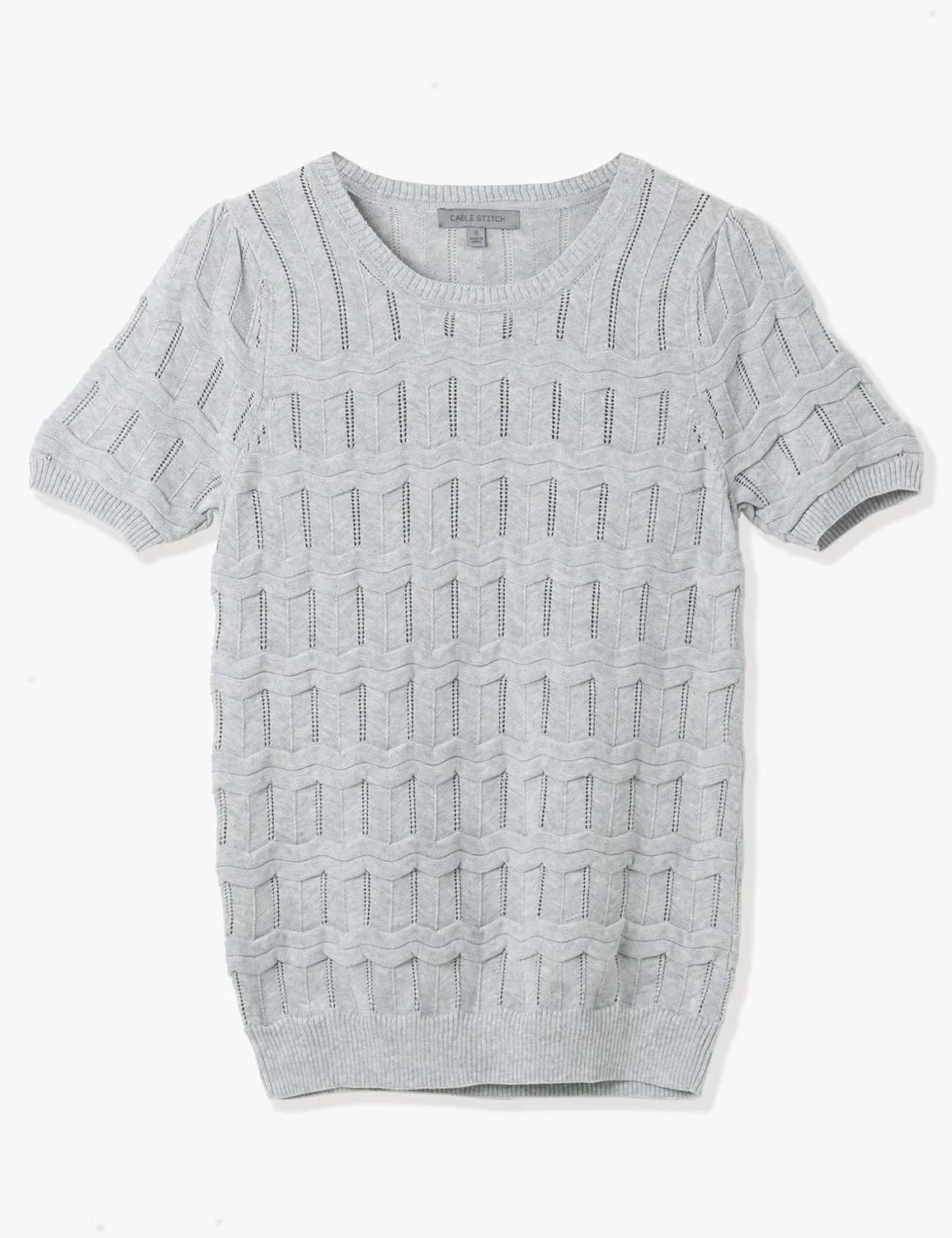 Cable Stitch Women's Ripple Stitch Short Sleeve Sweater - Crewneck Pointelle Knit Cotton Pullover Top