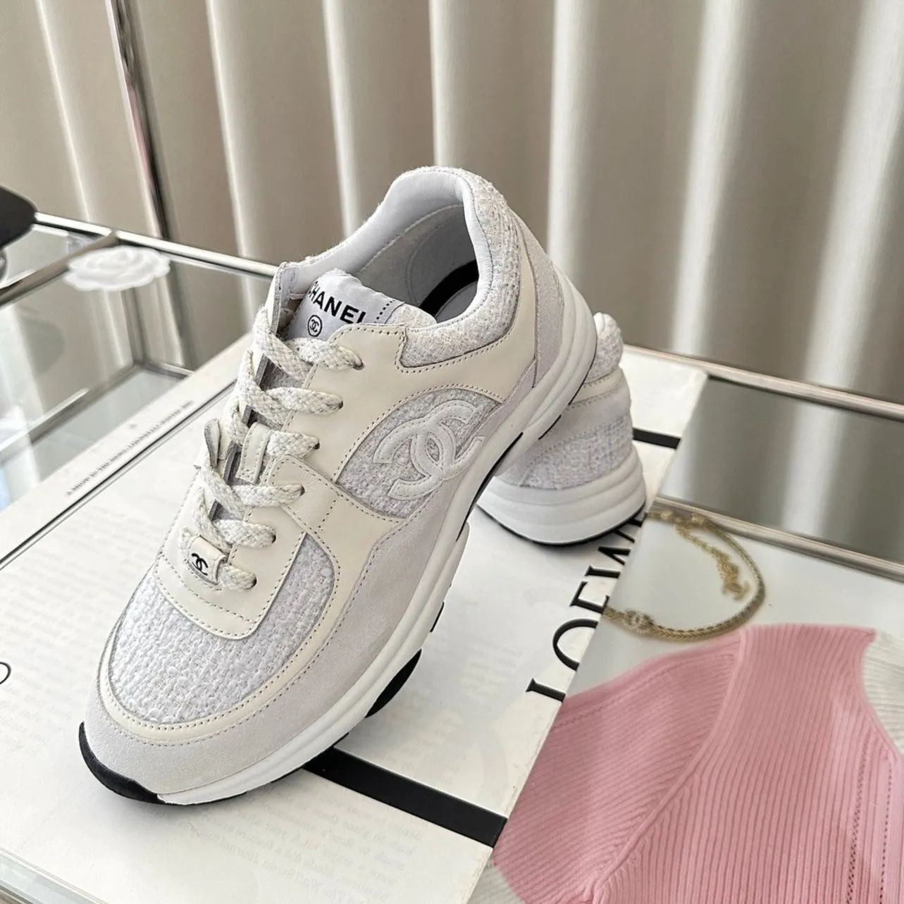 calfskin CHANEL Trusted white dark cream tweed sneaker Safe transactions