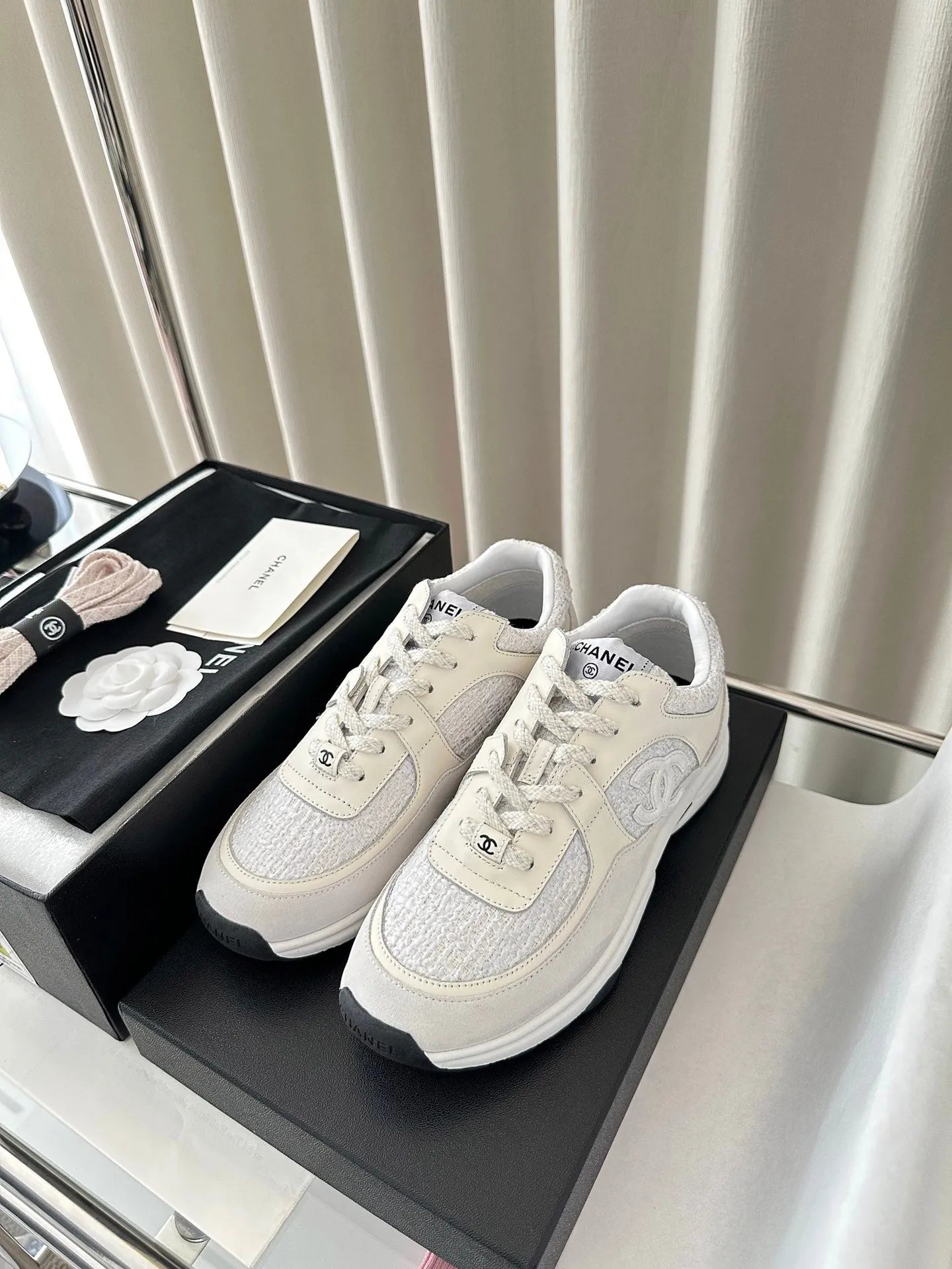 calfskin CHANEL Trusted white dark cream tweed sneaker Safe transactions