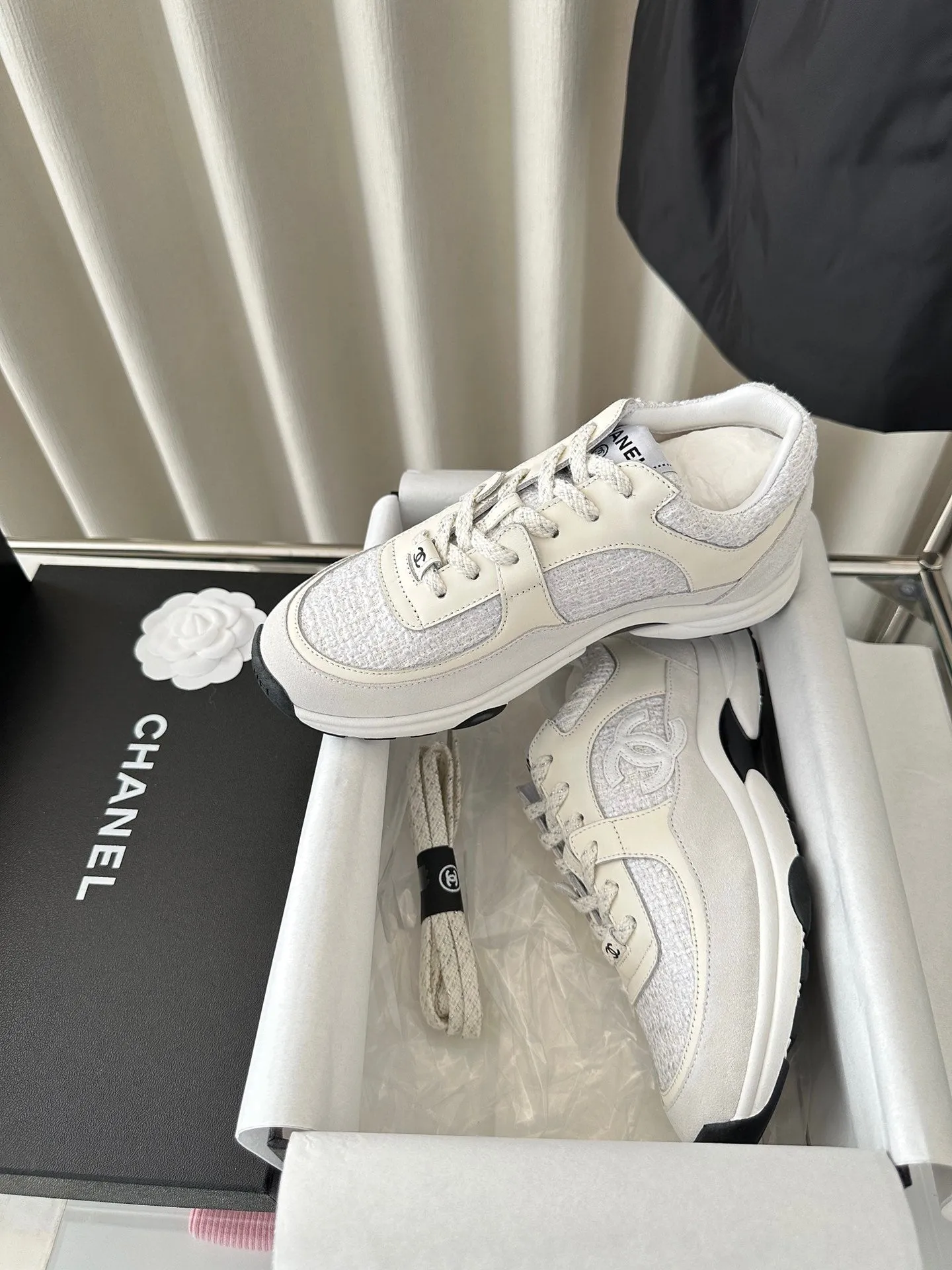 calfskin CHANEL Trusted white dark cream tweed sneaker Safe transactions