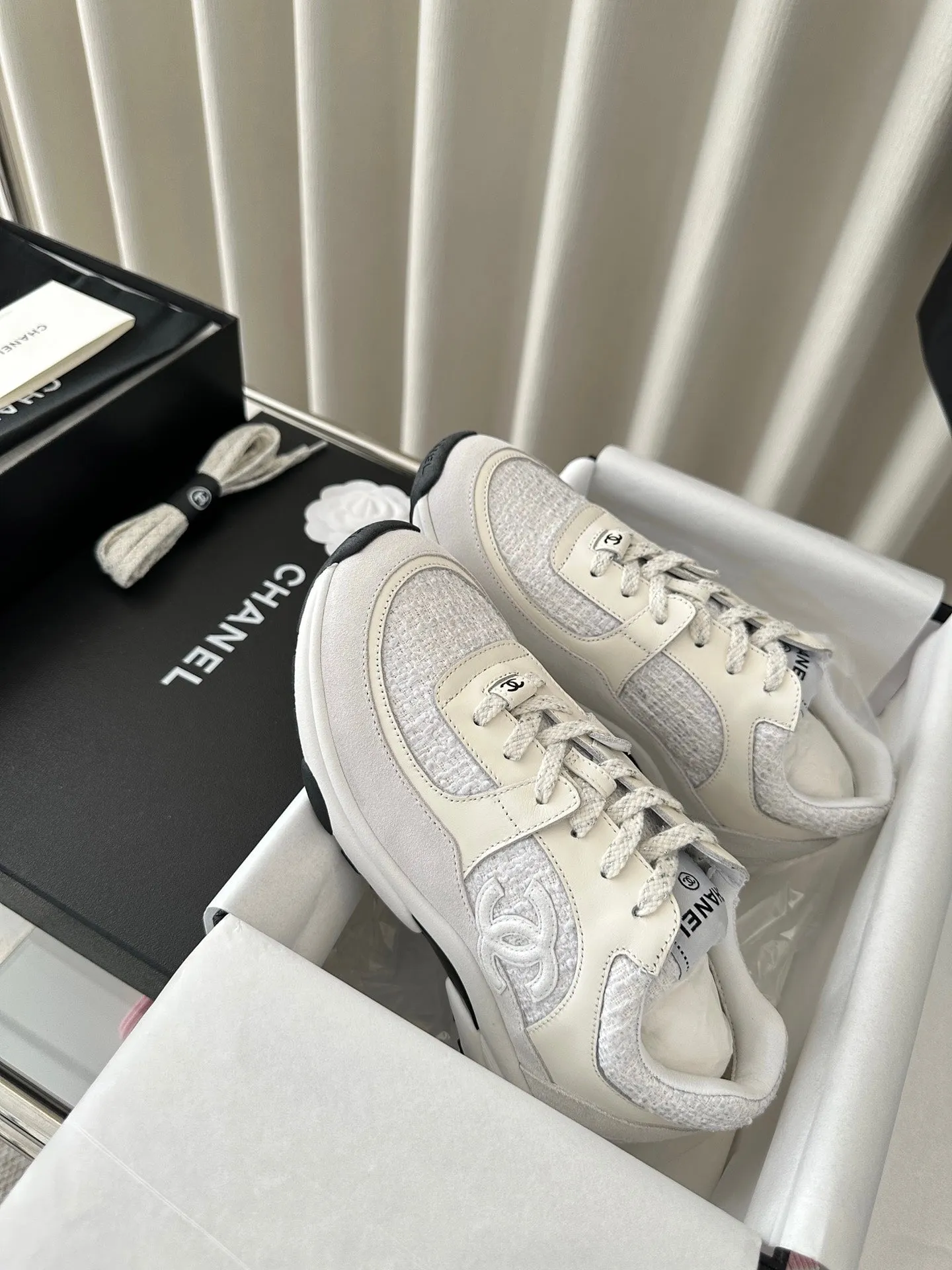 calfskin CHANEL Trusted white dark cream tweed sneaker Safe transactions