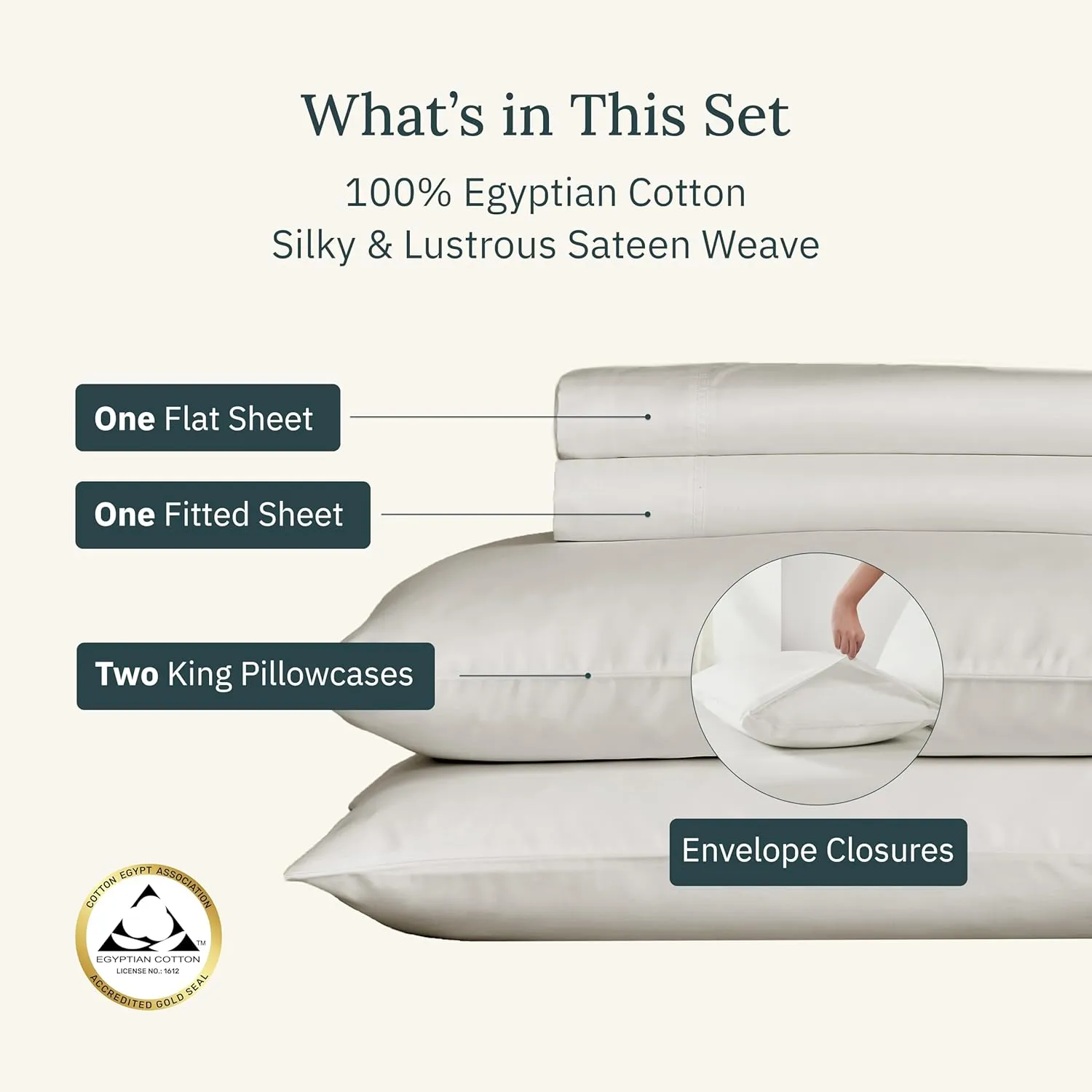 California Design Den Certified Luxury 100% Egyptian Cotton Sheets California King Size Set - Soft Sateen, Deep Pockets, Cool and Durable Bedding Sheets & Pillowcases Set - Ivory