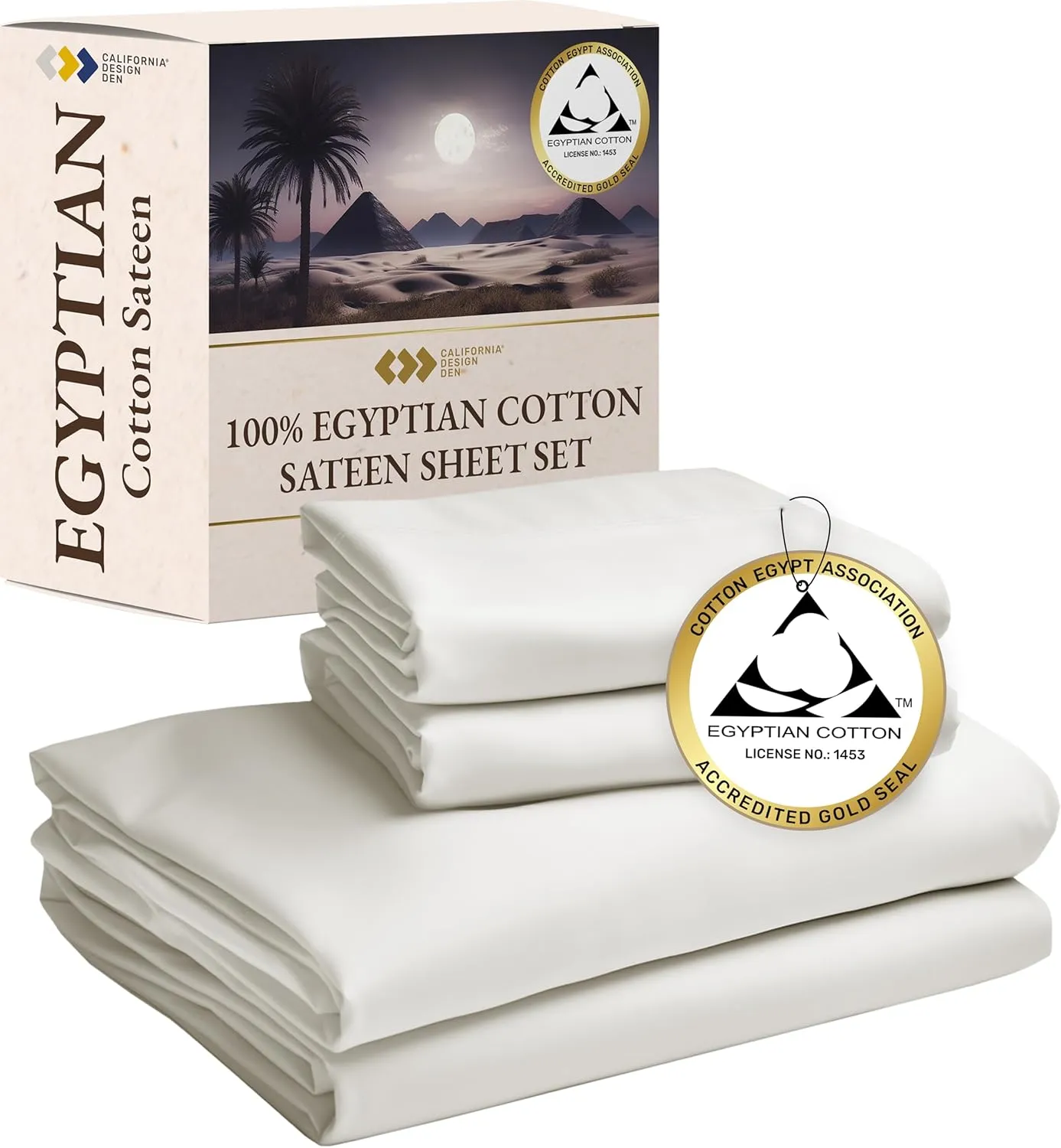 California Design Den Certified Luxury 100% Egyptian Cotton Sheets California King Size Set - Soft Sateen, Deep Pockets, Cool and Durable Bedding Sheets & Pillowcases Set - Ivory