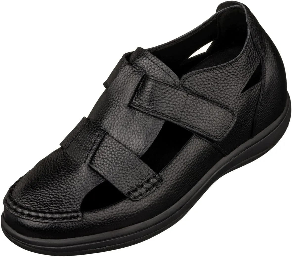 CALTO Men's Invisible Height Increasing Elevator Shoes - Black Premium Leather Lightweight Casual Fisherman Sandals - 3.2 Inches Taller - K2661 - Size 9 D(M) US