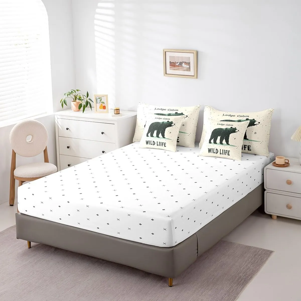 Cartoon Bear King Size Bedding Sets with Sheets,Comforter,Pillowcases,Pillow Covers 7 Pcs Lodge Cabin Jungle Farmhouse Style Comforter Set for Kids Boys Girls Teens Bedroom Dorm Bed Set