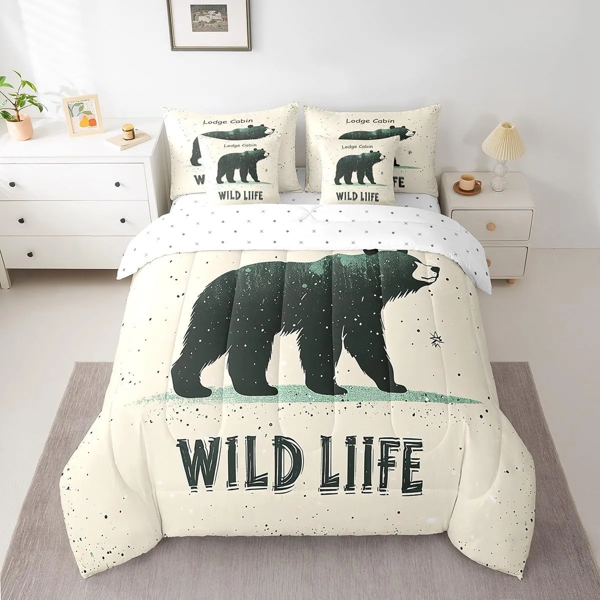 Cartoon Bear King Size Bedding Sets with Sheets,Comforter,Pillowcases,Pillow Covers 7 Pcs Lodge Cabin Jungle Farmhouse Style Comforter Set for Kids Boys Girls Teens Bedroom Dorm Bed Set
