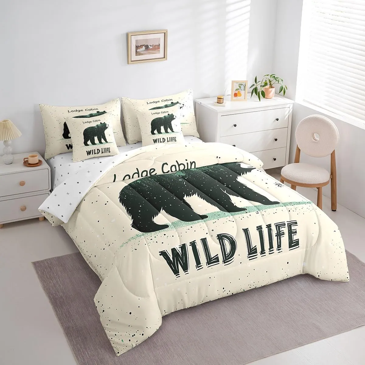 Cartoon Bear King Size Bedding Sets with Sheets,Comforter,Pillowcases,Pillow Covers 7 Pcs Lodge Cabin Jungle Farmhouse Style Comforter Set for Kids Boys Girls Teens Bedroom Dorm Bed Set