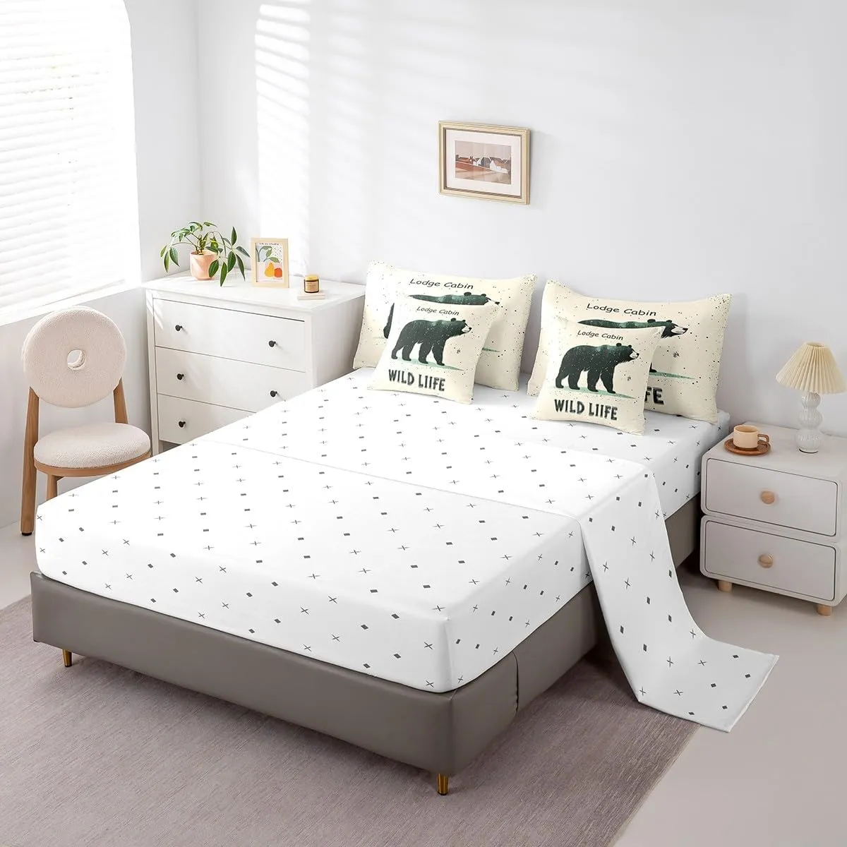 Cartoon Bear King Size Bedding Sets with Sheets,Comforter,Pillowcases,Pillow Covers 7 Pcs Lodge Cabin Jungle Farmhouse Style Comforter Set for Kids Boys Girls Teens Bedroom Dorm Bed Set